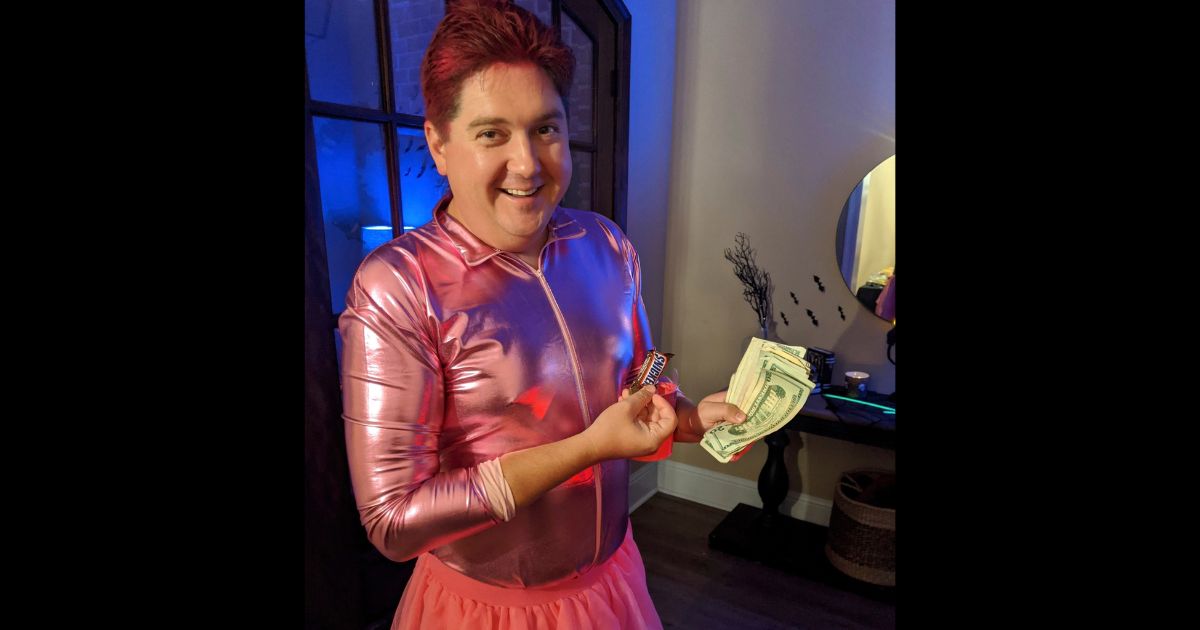 Mississippi state Sen. Jeremy England is dressed in a pink Halloween costume to raise money for breast cancer research on Oct. 31, 2020.