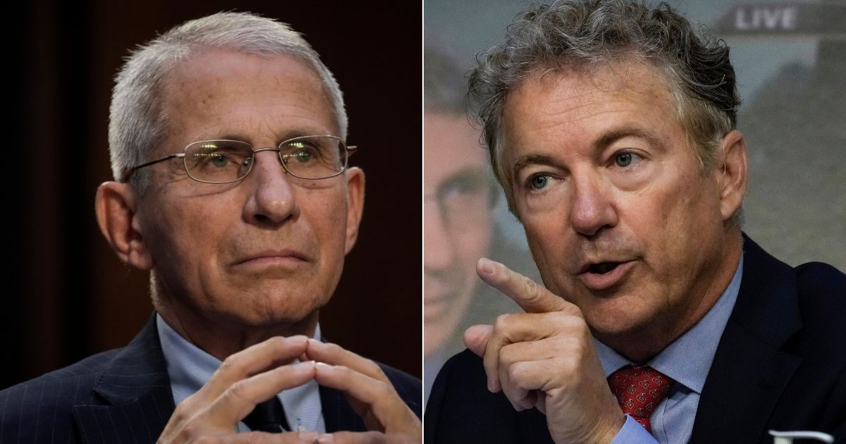 Sen. Rand Paul, right, has referred Dr. Anthony Fauci, left, to the Department of Justice, claiming his own testimony before Congress proves that he lied about the origin of COVID.