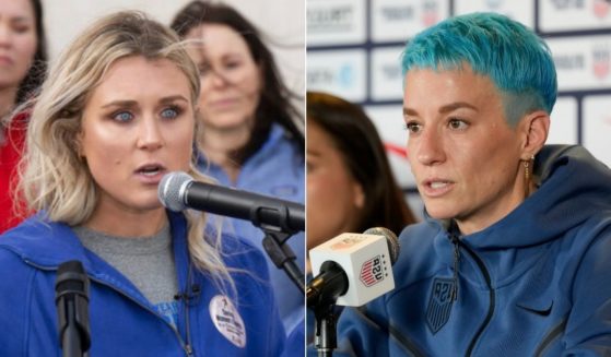 Former NCAA athlete and women's sports activist Riley Gaines, left, has issued a challenge to debate trans athlete activist and U.S. Women's Soccer player Megan Rapinoe over the issue of allowing trans athletes to play women's sports.