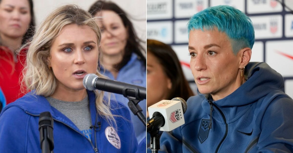 Former NCAA athlete and women's sports activist Riley Gaines, left, has issued a challenge to debate trans athlete activist and U.S. Women's Soccer player Megan Rapinoe over the issue of allowing trans athletes to play women's sports.