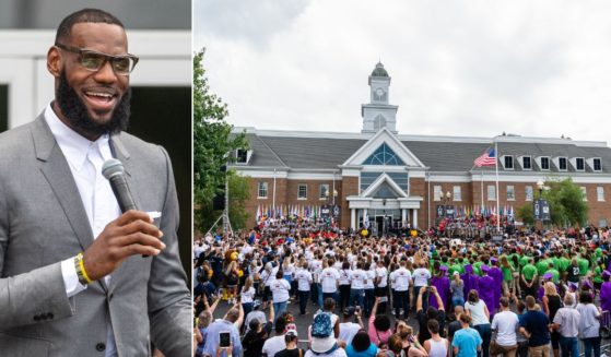LeBron James, left, is seen addressing the crowd at the 2018 opening ceremonies of the I Promise School, right, in Akron, Ohio. The school is a partnership between the LeBron James Family foundation and the Akron Public School and is designed to serve Akron's most challenged students.