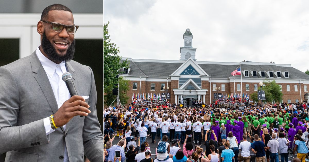 LeBron James, left, is seen addressing the crowd at the 2018 opening ceremonies of the I Promise School, right, in Akron, Ohio. The school is a partnership between the LeBron James Family foundation and the Akron Public School and is designed to serve Akron's most challenged students.