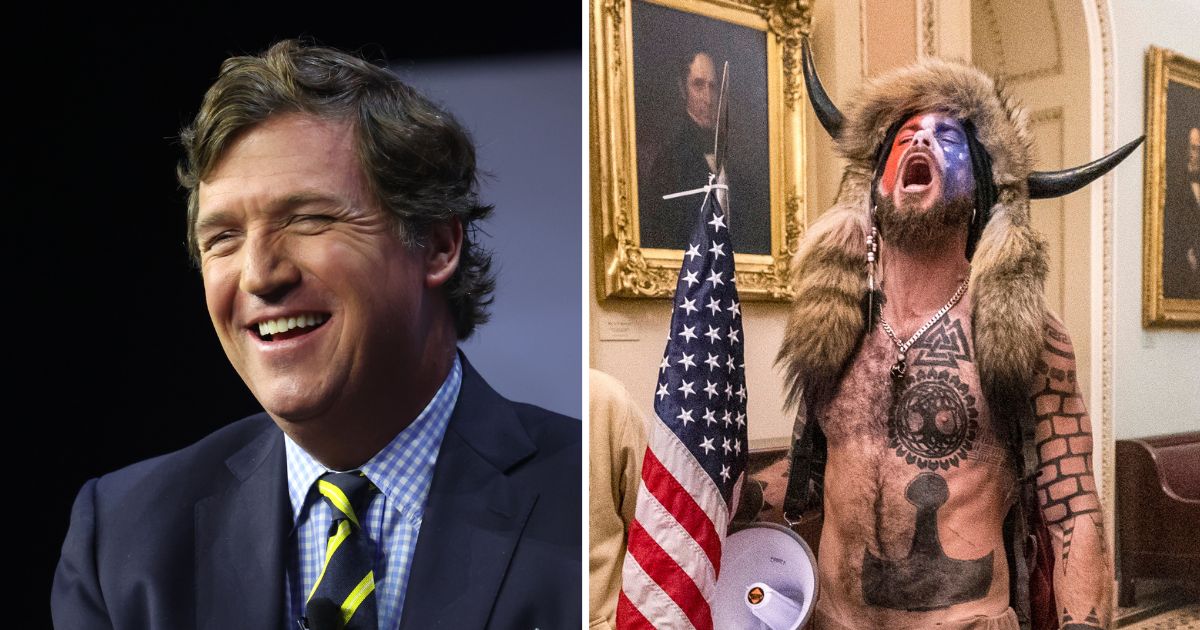 Tucker Carlson, left, speaks at the Family Leadership Summit on July 14 in Des Moines, Iowa. Jacob Chansley is seen inside the Capitol in Washington, D.C., on Jan. 6, 2021.