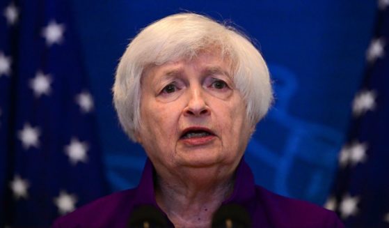 Treasury Secretary Janet Yellen speaks during a news conference at the Beijing American Center of the US Embassy in Beijing, China, on Sunday.
