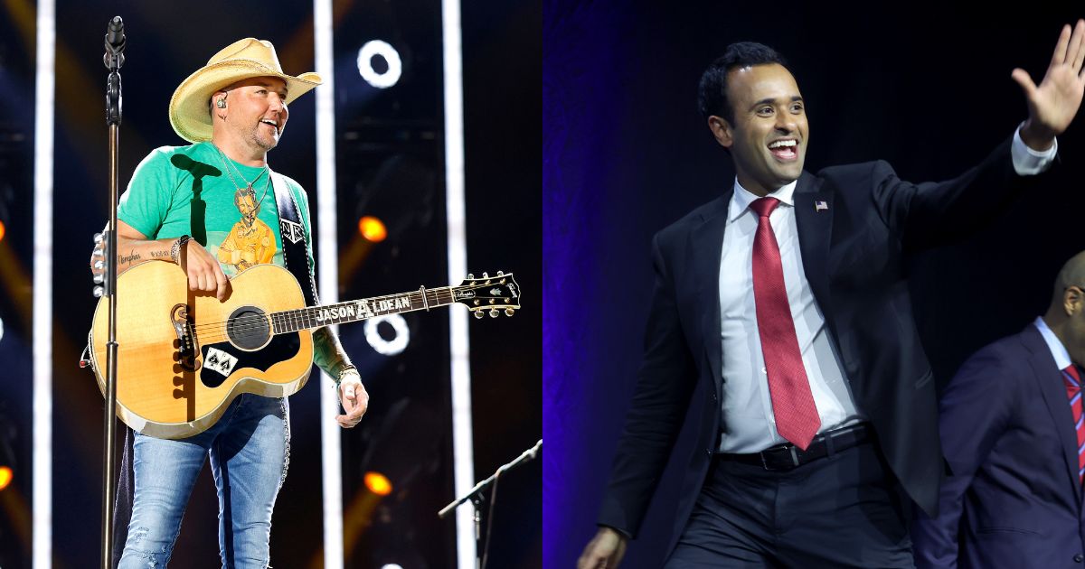 Jason Aldean, left, performs on stage during day three of CMA Fest 2023 at Nissan Stadium in Nashville, Tenn. on June 10, and Republican presidential candidate Vivek Ramaswamy, right, speaks to guests at the Family Leadership Summit in Des Moines, Iowa, on Friday.