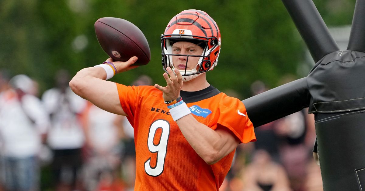 Joe Burrow of the Cincinnati Bengals participates in a drill during training camp at Kettering Health Practice Fields in Cincinnati, Ohio, on Wednesday.