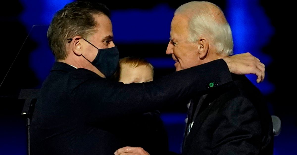 President-elect Joe Biden embraces his son Hunter Biden after delivering a speech from Wilmington, Delaware, on Nov. 7, 2020.