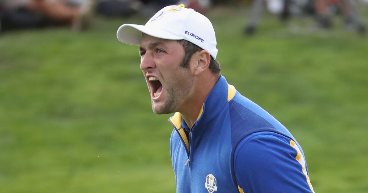 Golfer Jon Rahm celebrates winning his match during singles matches of the 2018 Ryder Cup at Le Golf National in Paris, France, on September 30, 2018.