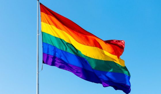This stock image shows an LGBT flag flying on a flagpole.