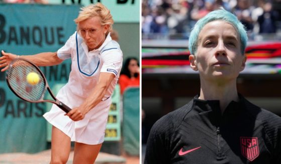 Martina Navratilova, left, hits the ball during the French Open in Paris in June 1986. Megan Rapinoe stands on the sidelines prior to an international friendly against Wales on Sunday in San Jose, California.