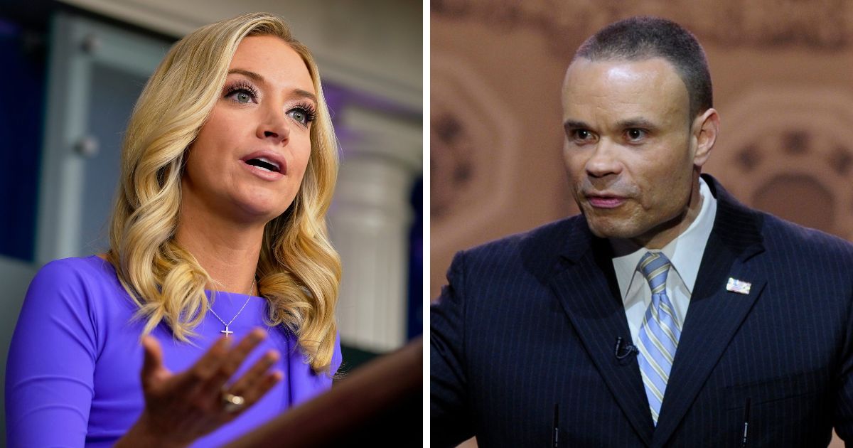 Left: White House press secretary Kayleigh McEnany speaks during a press briefing at the White House, Tuesday, Dec. 15, 2020, in Washington. Right: Conservative commentator Dan Bongino speaks at the Conservative Political Action Committee annual conference in National Harbor, Md., on March 6, 2014.