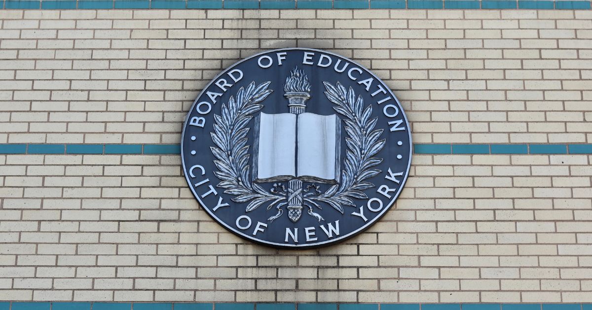 The New York City Board of Education emblem is seen on the side of a Manhattan school building on June 26, 2022.