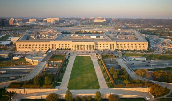 An aerial photograph shows the eastern entrance to the Pentagon in Washington, D.C.