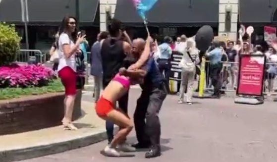A man, who was aggressively waving a transgender flag during a Moms for Liberty event, was taken down by a police officer in Philadelphia.