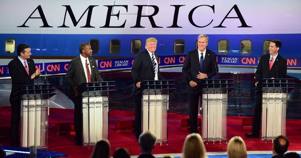 Republican presidential hopefuls - from left to right - Ted Cruz, Ben Carson, Donald Trump, Jeb Bush, and Scott Walker participate in the Republican Presidential Debate in Simi Valley, California, on Sept. 16, 2015.