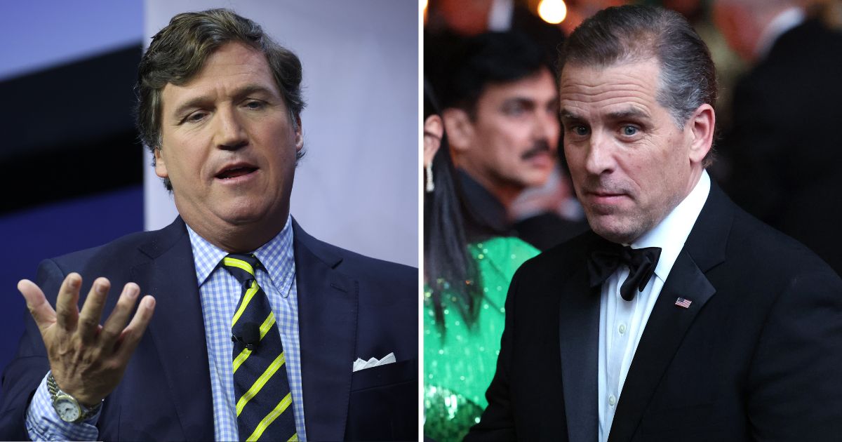 Tucker Carlson, left, speaks to guests at the Family Leadership Summit on Friday in Des Moines, Iowa. Hunter Biden looks on during a state dinner at the White House on June 22 in Washington, D.C.