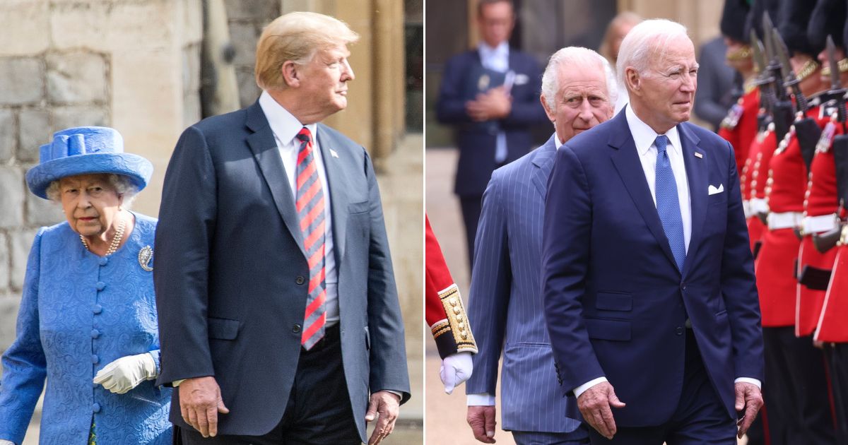 At left, then-President Donald Trump and Britain's Queen Elizabeth II inspect an honor guard at Windsor Castle on July 13, 2018. At right, King Charles III, left, and President Joe Biden do the same at Windsor Castle on Monday.