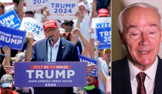 At left, former President Donald Trump speaks during a campaign event in Pickens, South Carolina, on July 1, At right, Republican presidential candidate former Arkansas Gov. Asa Hutchinson speaks at the Philadelphia Marriott Downtown that same day.
