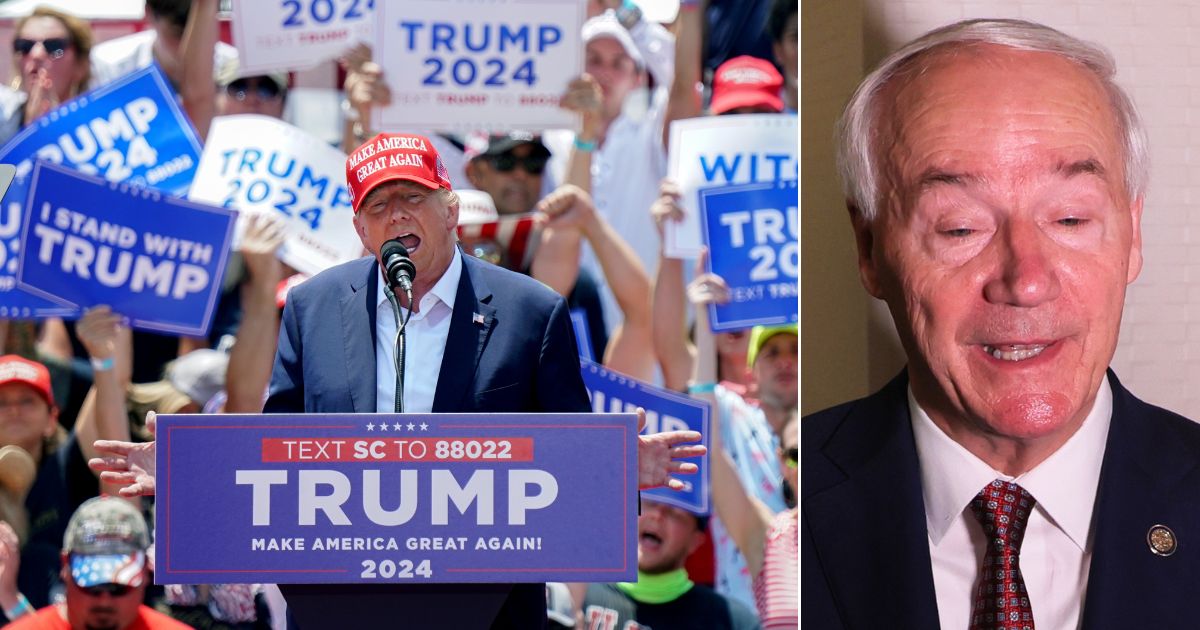 At left, former President Donald Trump speaks during a campaign event in Pickens, South Carolina, on July 1, At right, Republican presidential candidate former Arkansas Gov. Asa Hutchinson speaks at the Philadelphia Marriott Downtown that same day.
