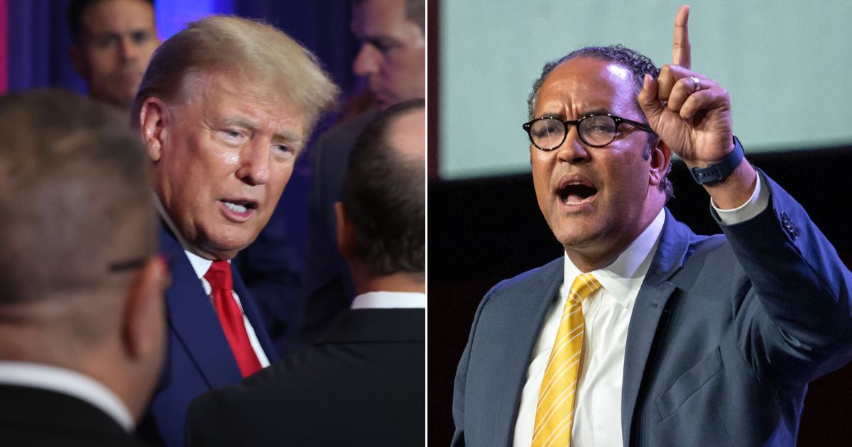Former Texas Rep. Will Hurd, right, drew jeers from a crowd while trying to criticize former President Donald Trump, left, at the Republican Party's Lincoln Dinner in Iowa Friday.