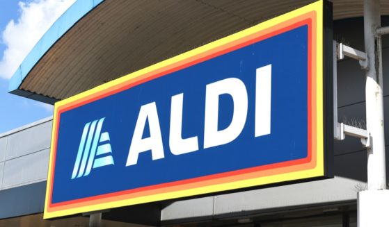 An Aldi sign hangs outside one of the groceries in London.