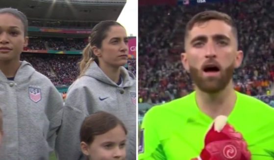 A video shows the contrasting behavior of the U.S. men's and women's soccer teams during the national anthem.