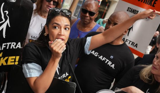 Alexandria Ocasio-Cortez (D-NY) joins the picket line as the SAG-AFTRA Actors Union Strike continues in front of Netflix on Monday in New York City.