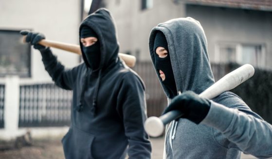 This stock image shows young men wearing masks and carrying baseball bats.