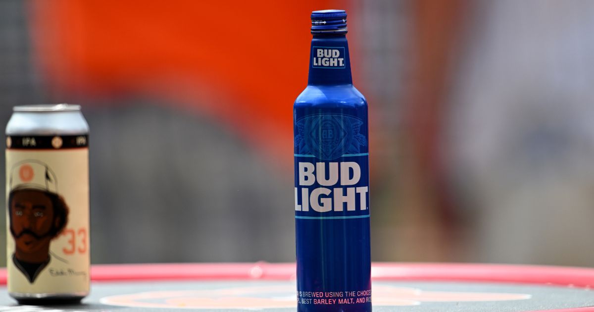 A view of a Bud Light bottle on a table at the baseball game between the Baltimore Orioles and the Kansas City Royals at Oriole Park at Camden Yards on June 11 in Baltimore.