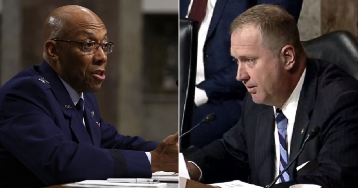 Air Force Gen. Charles Brown, left, testifies during his confirmation hearing Tuesday. Republican Sen. Eric Schmitt of Missourri, right, had blistering questions.