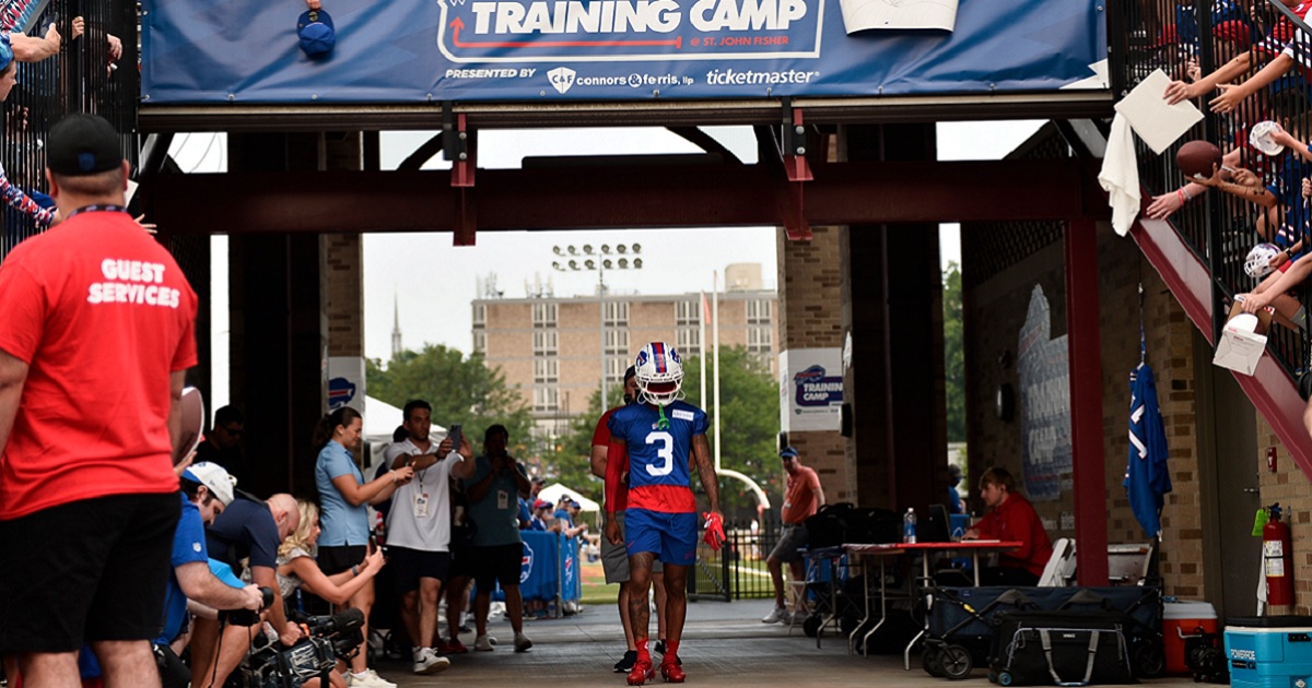 Buffalo Bills safety Damar Hamlin walks to the field before practice at the NFL football team's training camp in Pittsford, New York on Wednesday.