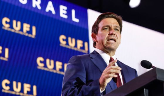 Republican presidential candidate Florida Governor Ron DeSantis delivers remarks at the 2023 Christians United for Israel summit on July Monday in Arlington, Virginia.
