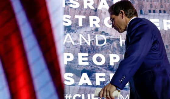 Republican presidential candidate and Florida Governor Ron DeSantis departs after delivering remarks at the 2023 Christians United for Israel (CUFI) summit on Monday in Arlington, Virginia.