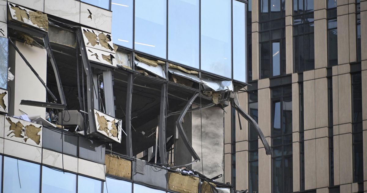 A view of a damaged office block of the Moscow International Business Center (Moskva City) following a reported drone attack in Moscow on Sunday.