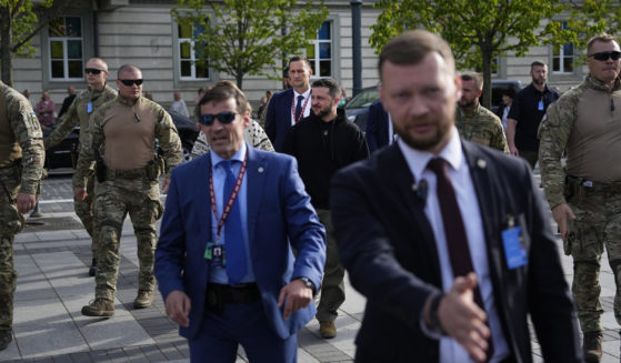 Ukraine President Volodymyr Zelenskyy, center, arrives for an event on the sidelines of a NATO summit in Vilnius, Lithuania, on Tuesday.