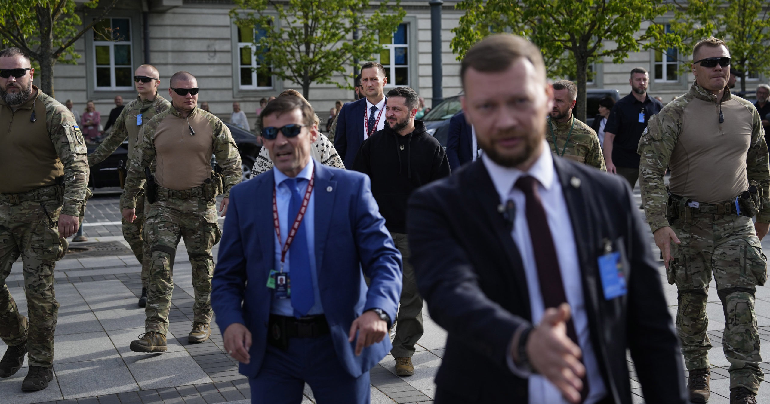 Ukraine President Volodymyr Zelenskyy, center, arrives for an event on the sidelines of a NATO summit in Vilnius, Lithuania, on Tuesday.