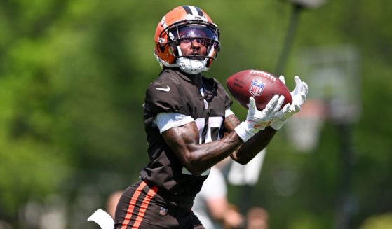Marquise Goodwin #19 of the Cleveland Browns catches a pass during the Cleveland Browns OTAs at CrossCountry Mortgage Campus on May 31 in Berea, Ohio.