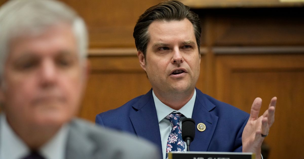 Rep. Matt Gaetz of Florida questions FBI Director Christopher Wray during a House Judiciary Committee hearing about oversight of the Federal Bureau of Investigation on Capitol Hill Wednesday in Washington, D.C.