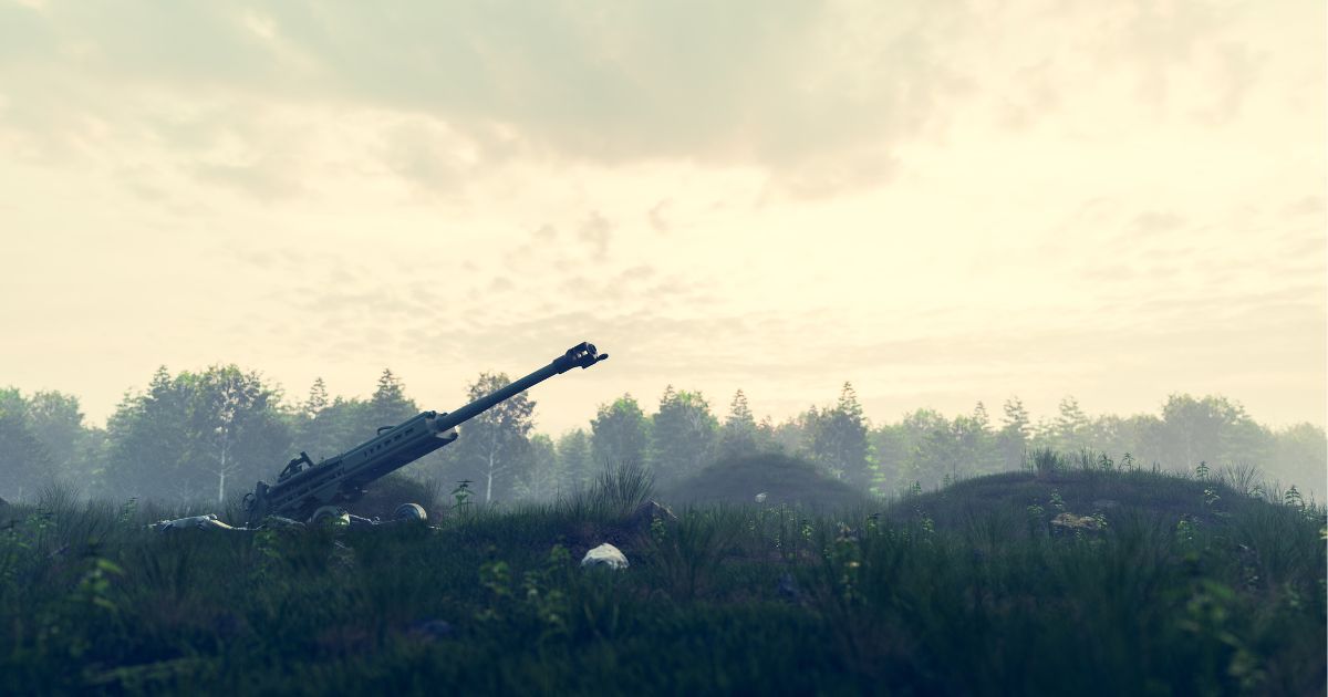 An artillery howitzer is photographed in a combat zone in Ukraine.