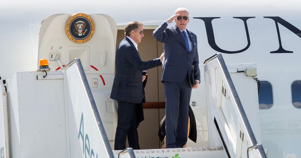 In this handout image provided by the Irish Government, US President Joe Biden departs Dublin Airport on Air Force One with his sister Valerie and son Hunter on April 14, 2023 in Dublin, Ireland.