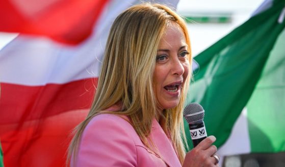 Leader of Italian far-right party "Fratelli d'Italia" (Brothers of Italy), Giorgia Meloni delivers a speech on Sept. 23, 2022, at the Arenile di Bagnoli beachfront location in Naples, southern Italy.