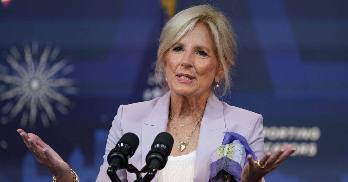 First lady Jill Biden speaks during an event with the National Education Association in the South Court Auditorium on the White House campus on Tuesday in Washington.