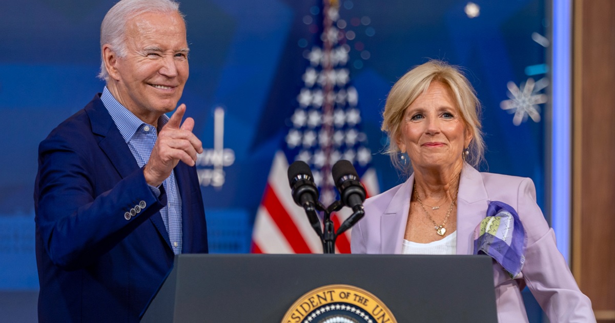 President Joe Biden and first lady Jill Biden greet the audience at a National Education Association event at the White House on the Fourth of July.
