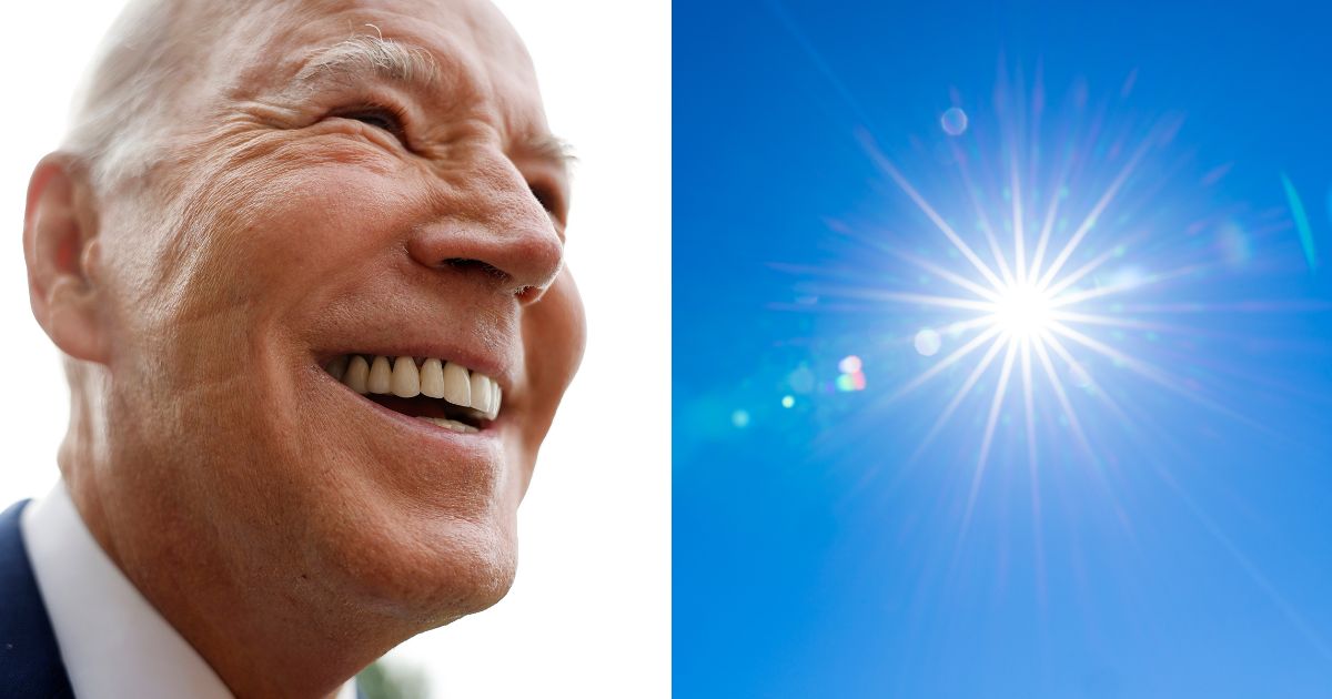 (L) President Joe Biden talks to reporters as he departs the White House on June 28, 2023 in Washington, DC. (R) A stock photo depicts a sunburst with lens flare.