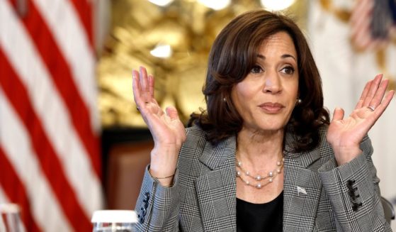 Vice President Kamala Harris gestures as she speaks during a meeting on Artificial Intelligence in her ceremonial office in the Eisenhower Executive Office Building on Wednesday in Washington, D.C.