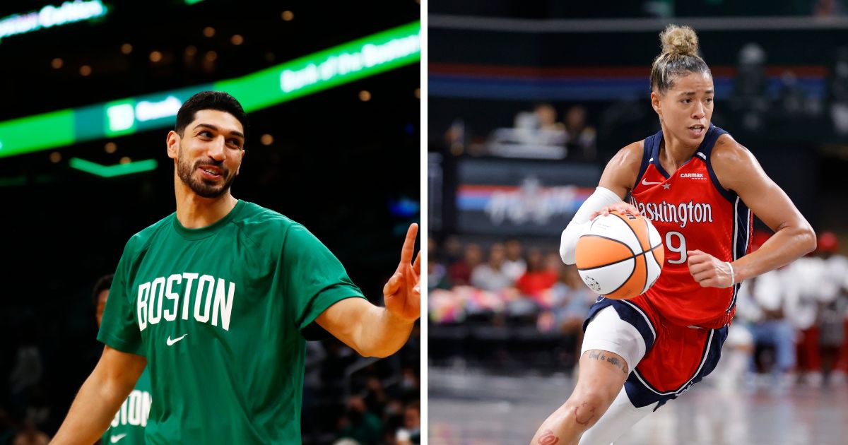 Enes Kanter Freedom, left, of the Boston Celtics, seen in a file photo from October 2021, had a challenge for a WNBA star who was trashing America.