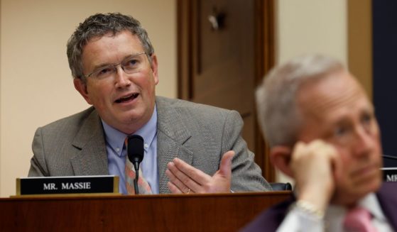 House Judiciary Committee member Rep. Thomas Massie (R-KY) questions Federal Trade Commission Chair Lina Khan during a committee hearing in the Rayburn House Office Building on Capitol Hill on July 13 in Washington, D.C.