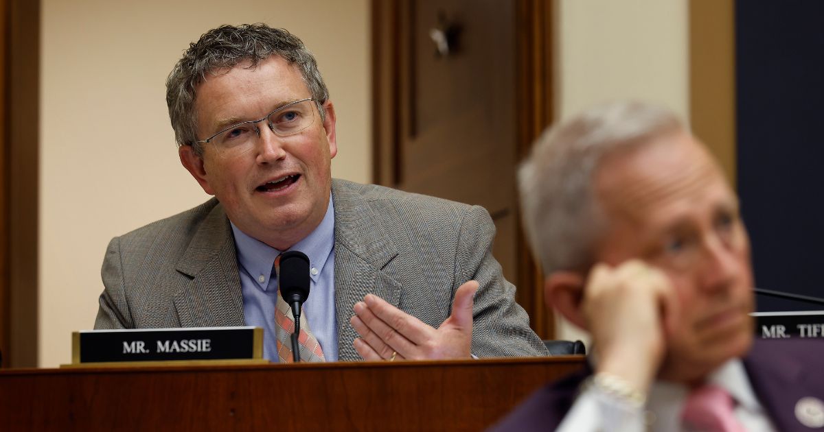 House Judiciary Committee member Rep. Thomas Massie (R-KY) questions Federal Trade Commission Chair Lina Khan during a committee hearing in the Rayburn House Office Building on Capitol Hill on July 13 in Washington, D.C.
