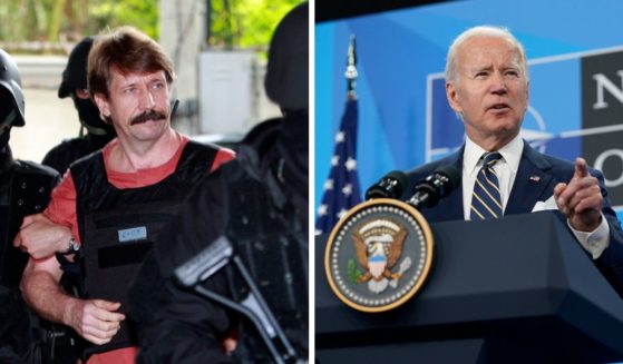 On the left, suspected Russian arms smuggler Viktor Bout, is led by armed Thai police commandos as he arrives at the criminal court in Bangkok, Thailand in Oct. 5, 2010. On the right, President Joe Biden speaks during a news conference on the final day of the NATO summit in Madrid on June 30, 2022.