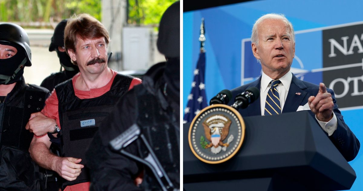 On the left, suspected Russian arms smuggler Viktor Bout, is led by armed Thai police commandos as he arrives at the criminal court in Bangkok, Thailand in Oct. 5, 2010. On the right, President Joe Biden speaks during a news conference on the final day of the NATO summit in Madrid on June 30, 2022.